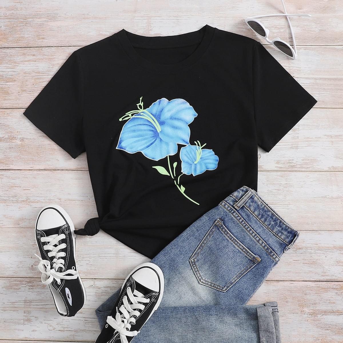 Tricou Negru 2 Blue Flowers (6894881734840)